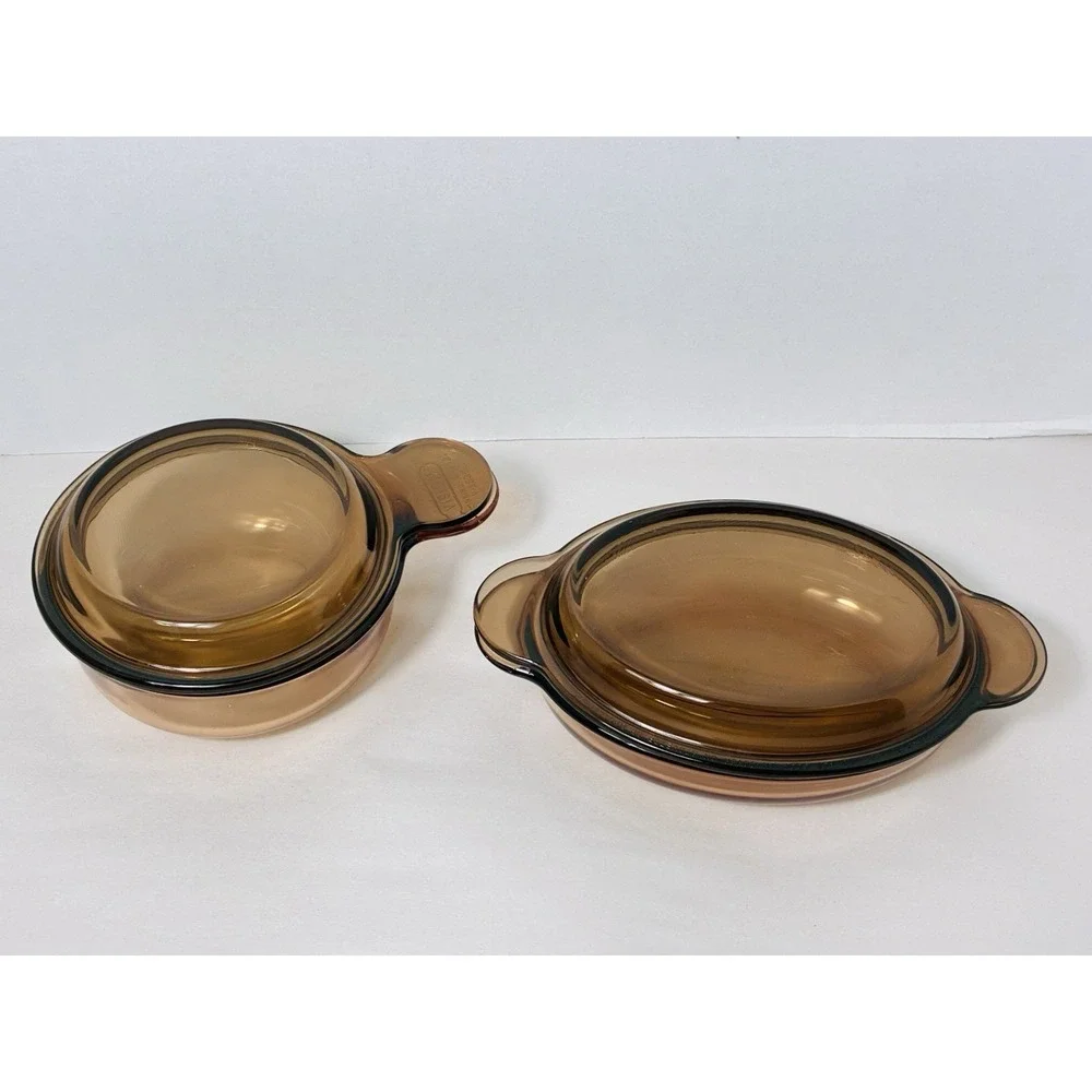 Vintage Vision Corning Amber Lot Of‎ 2 Oval/round Casserole With Lid V150-b-V14B